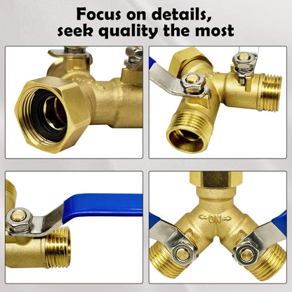 Brass Garden Hose Splitter 2 Way Heavy Duty，with 304 Stainless Steel Long Handle，Brass Y Valve Water Garden Hose Adapter 2 Way Y Valve 3/4" GHT Thread