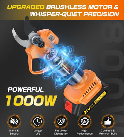 Electric Pruning Shears, Cordless Pruning Shears 1000W Brushless Power Shears 1.4'' Diameter Electric Pruner with LCD Display 2 * 2Ah Battery Pruning Shear Gift for Men Dad Husband Fathers Gardener