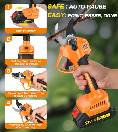Electric Pruning Shears, Cordless Pruning Shears 1000W Brushless Power Shears 1.4'' Diameter Electric Pruner with LCD Display 2 * 2Ah Battery Pruning Shear Gift for Men Dad Husband Fathers Gardener