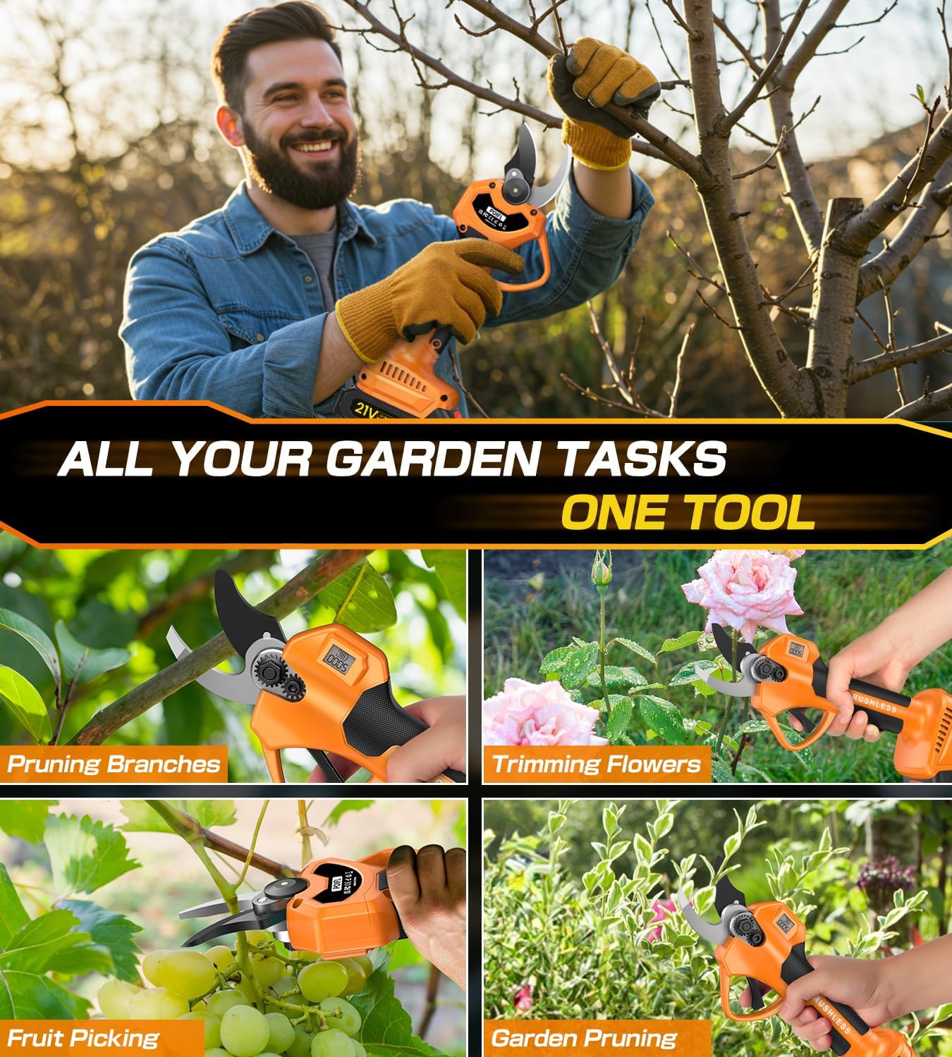 Electric Pruning Shears, Cordless Pruning Shears 1000W Brushless Power Shears 1.4'' Diameter Electric Pruner with LCD Display 2 * 2Ah Battery Pruning Shear Gift for Men Dad Husband Fathers Gardener