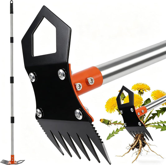 Weed Puller Tool with Long Handle, 60" Manual Weed Remover Tool, 2-in-1 Weeder Rake and Hoe Garden Tool, Uprooting Weeding Tool for Yard, Lawn, Patio, Garden
