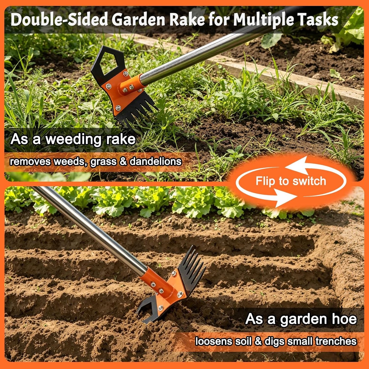 Weed Puller Tool with Long Handle, 60" Manual Weed Remover Tool, 2-in-1 Weeder Rake and Hoe Garden Tool, Uprooting Weeding Tool for Yard, Lawn, Patio, Garden