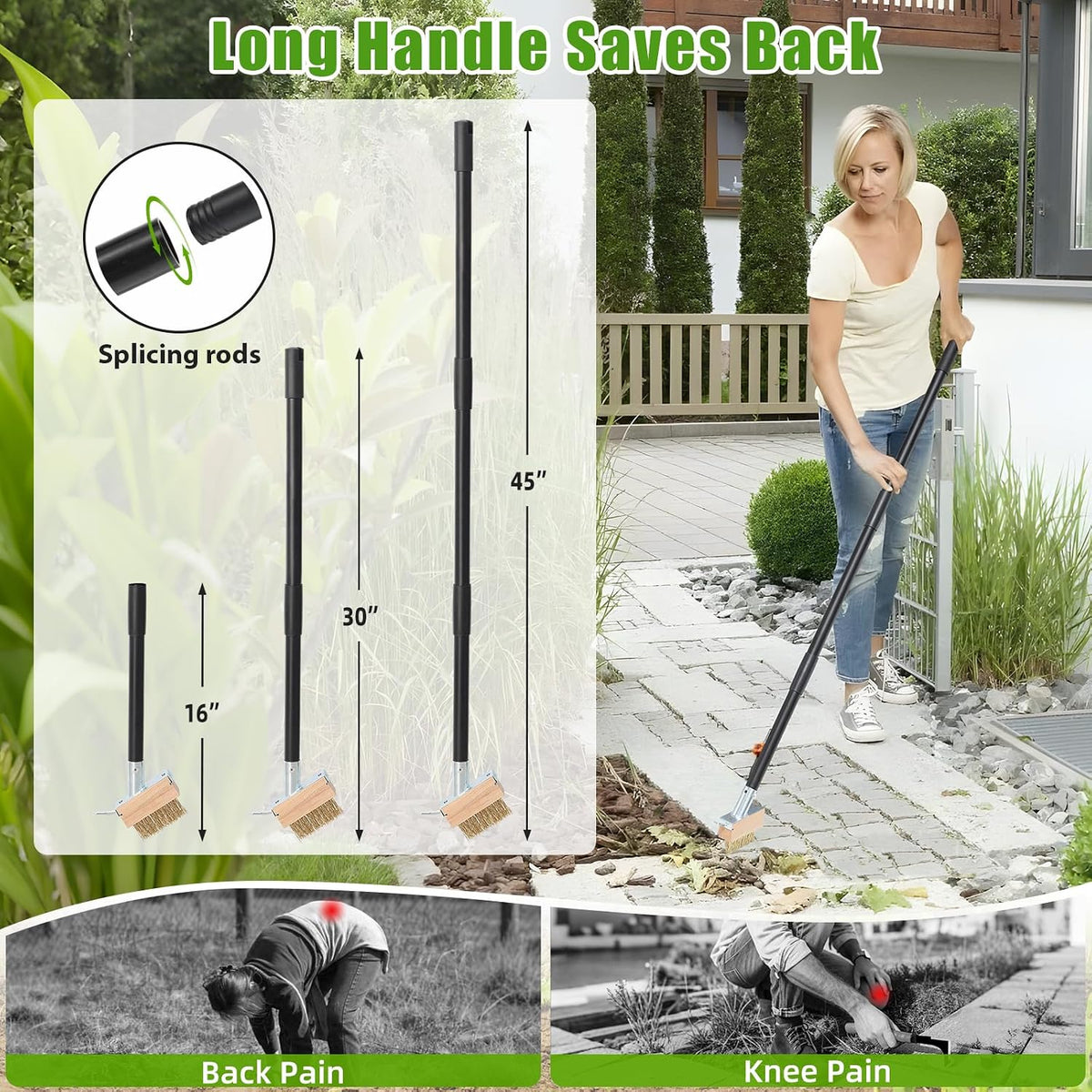 Crack Weeder Moss Remover Brush with 45 inch Handle,Manual Crevice Weeding Tool Stand Weed Puller Grout Brush for Deck,Patio,Sidewalk, Walkway,Driveway, Paving,Crevice Cleaning Tool