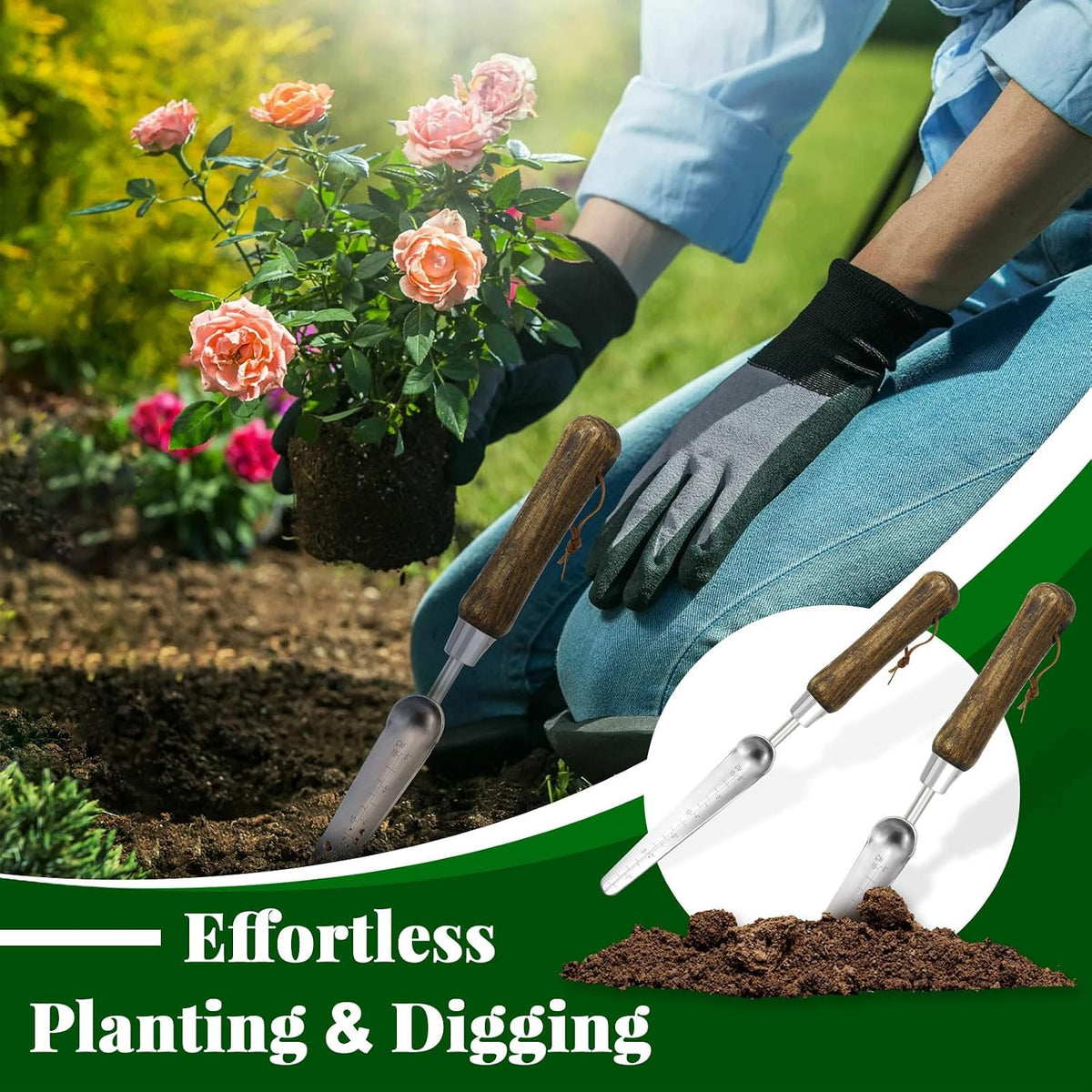 Narrow Stainless Steel Garden Trowel with Wood Handle - Heavy Duty Hand Shovel for Digging, Weeding, Planting & Transplanting, Sharp Garden Spade Tool for Tough Soil and Roots