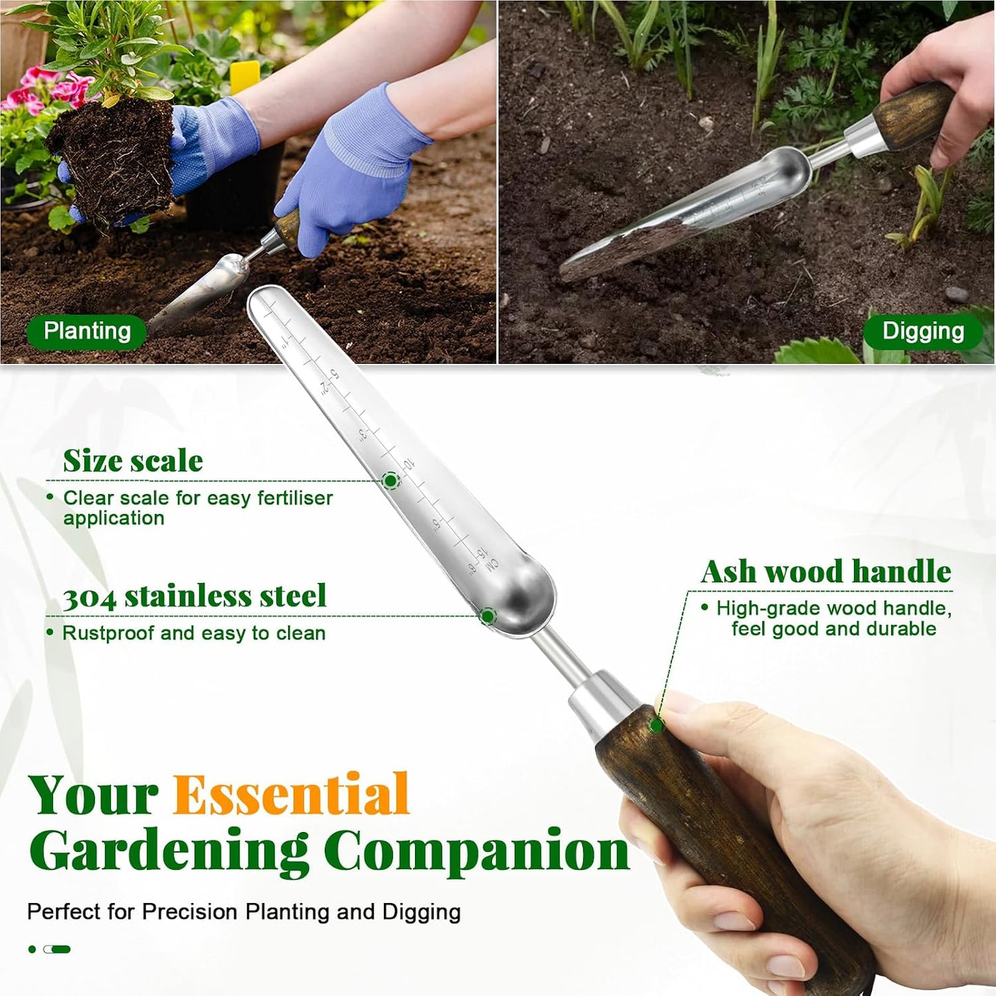 Narrow Stainless Steel Garden Trowel with Wood Handle - Heavy Duty Hand Shovel for Digging, Weeding, Planting & Transplanting, Sharp Garden Spade Tool for Tough Soil and Roots