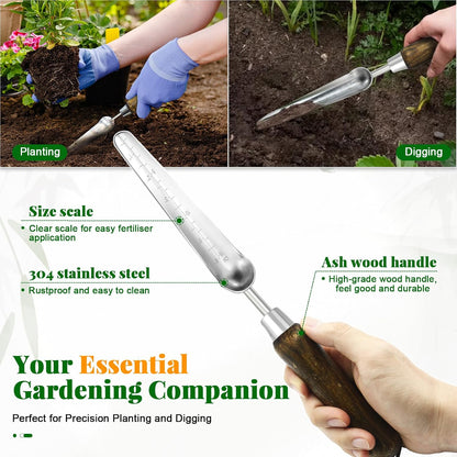 Narrow Stainless Steel Garden Trowel with Wood Handle - Heavy Duty Hand Shovel for Digging, Weeding, Planting & Transplanting, Sharp Garden Spade Tool for Tough Soil and Roots