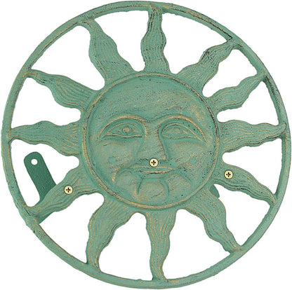 Sun Face Garden Hose Holder, 12 Inch Diameter Verdigris Green Cast Iron