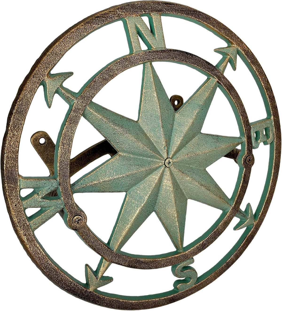 Sun Face Garden Hose Holder, 12 Inch Diameter Verdigris Green Cast Iron