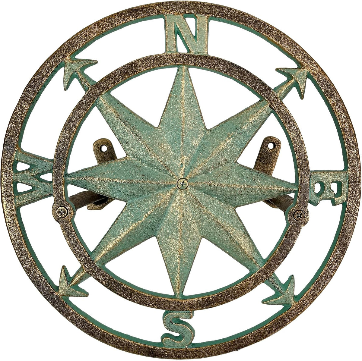 Sun Face Garden Hose Holder, 12 Inch Diameter Verdigris Green Cast Iron