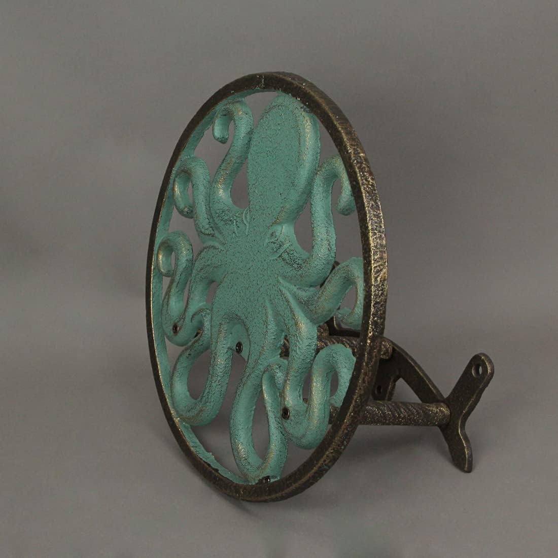 Sun Face Garden Hose Holder, 12 Inch Diameter Verdigris Green Cast Iron