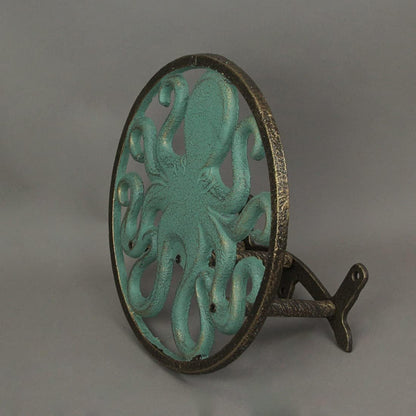 Sun Face Garden Hose Holder, 12 Inch Diameter Verdigris Green Cast Iron