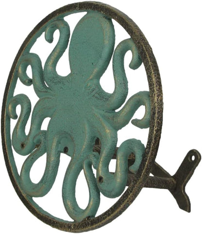 Sun Face Garden Hose Holder, 12 Inch Diameter Verdigris Green Cast Iron