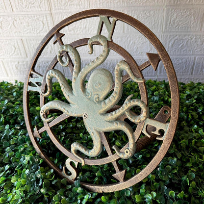 Sun Face Garden Hose Holder, 12 Inch Diameter Verdigris Green Cast Iron