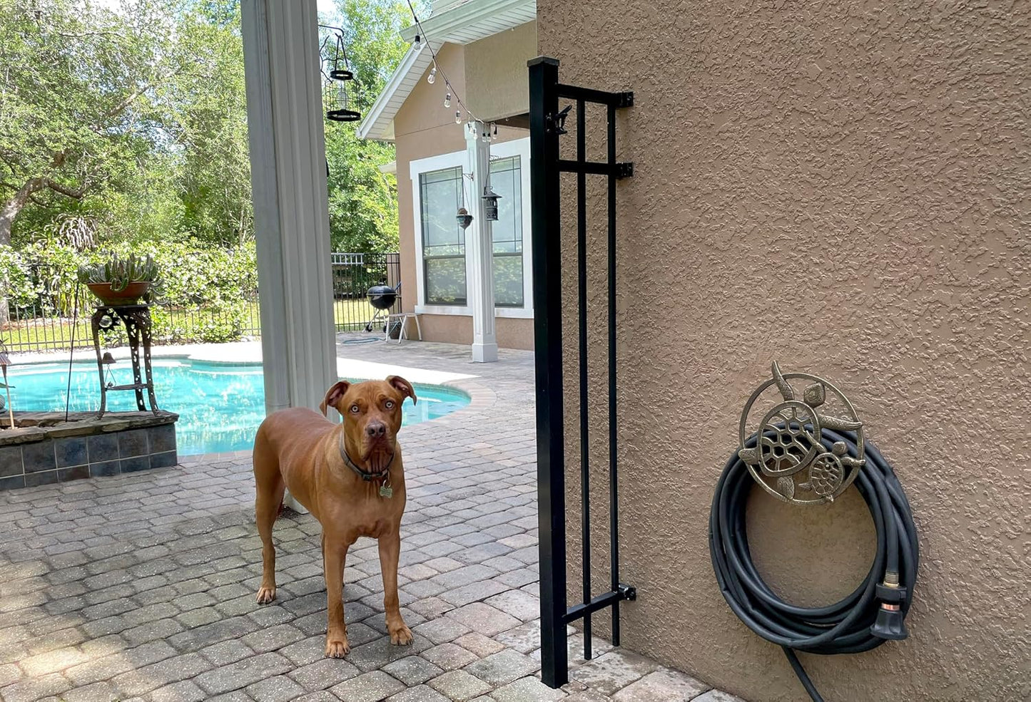 Sun Face Garden Hose Holder, 12 Inch Diameter Verdigris Green Cast Iron