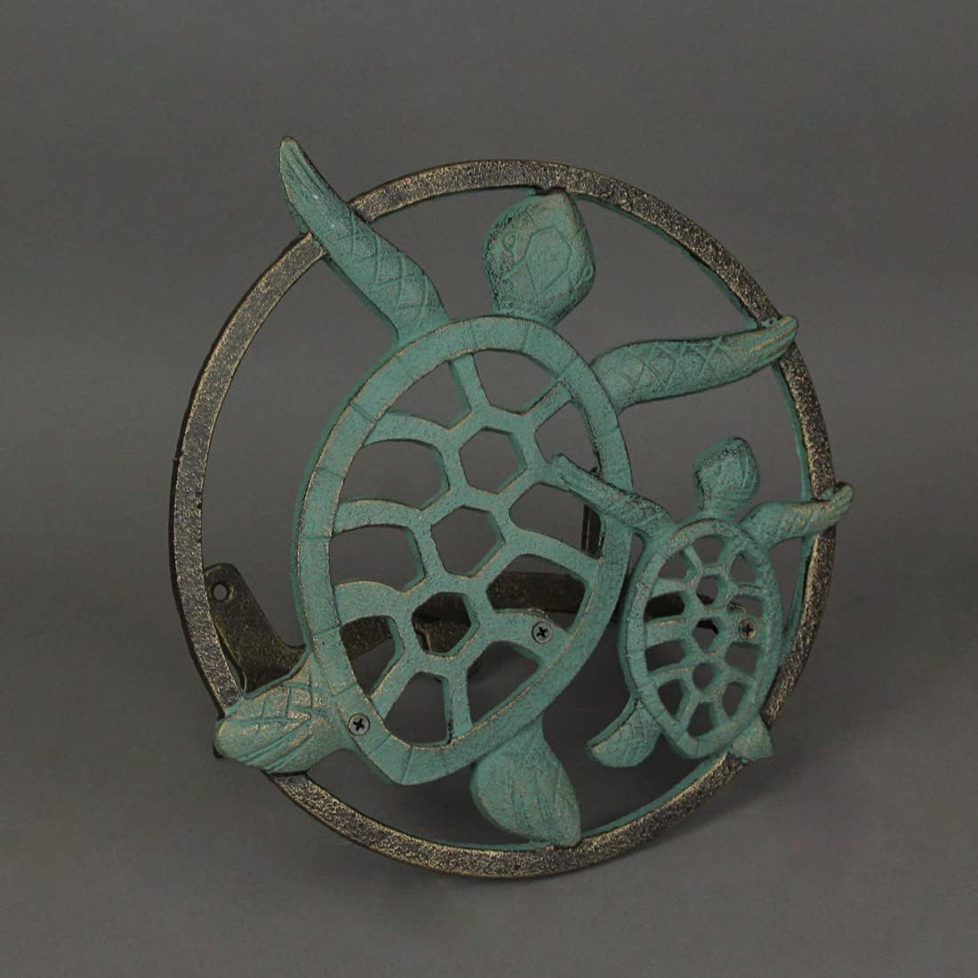 Sun Face Garden Hose Holder, 12 Inch Diameter Verdigris Green Cast Iron