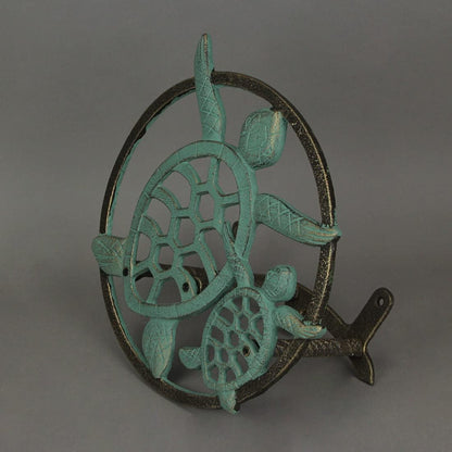 Sun Face Garden Hose Holder, 12 Inch Diameter Verdigris Green Cast Iron