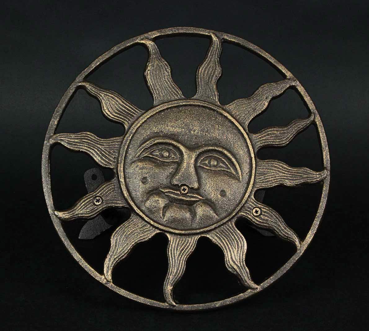 Sun Face Garden Hose Holder, 12 Inch Diameter Verdigris Green Cast Iron