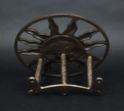 Sun Face Garden Hose Holder, 12 Inch Diameter Verdigris Green Cast Iron