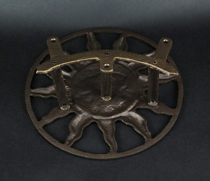 Sun Face Garden Hose Holder, 12 Inch Diameter Verdigris Green Cast Iron