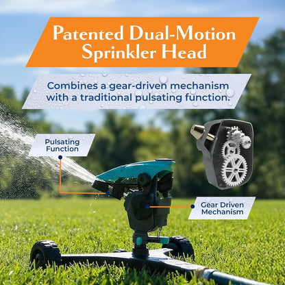 All-new Pulsating Lawn Sprinkler 300011, Impact Sprinkler w/ 70 ft Reach, 360° Range Gear & Pulsating Mechanism, 3,900 sq ft Lawn & Garden Watering, Metal Base w/Wheels