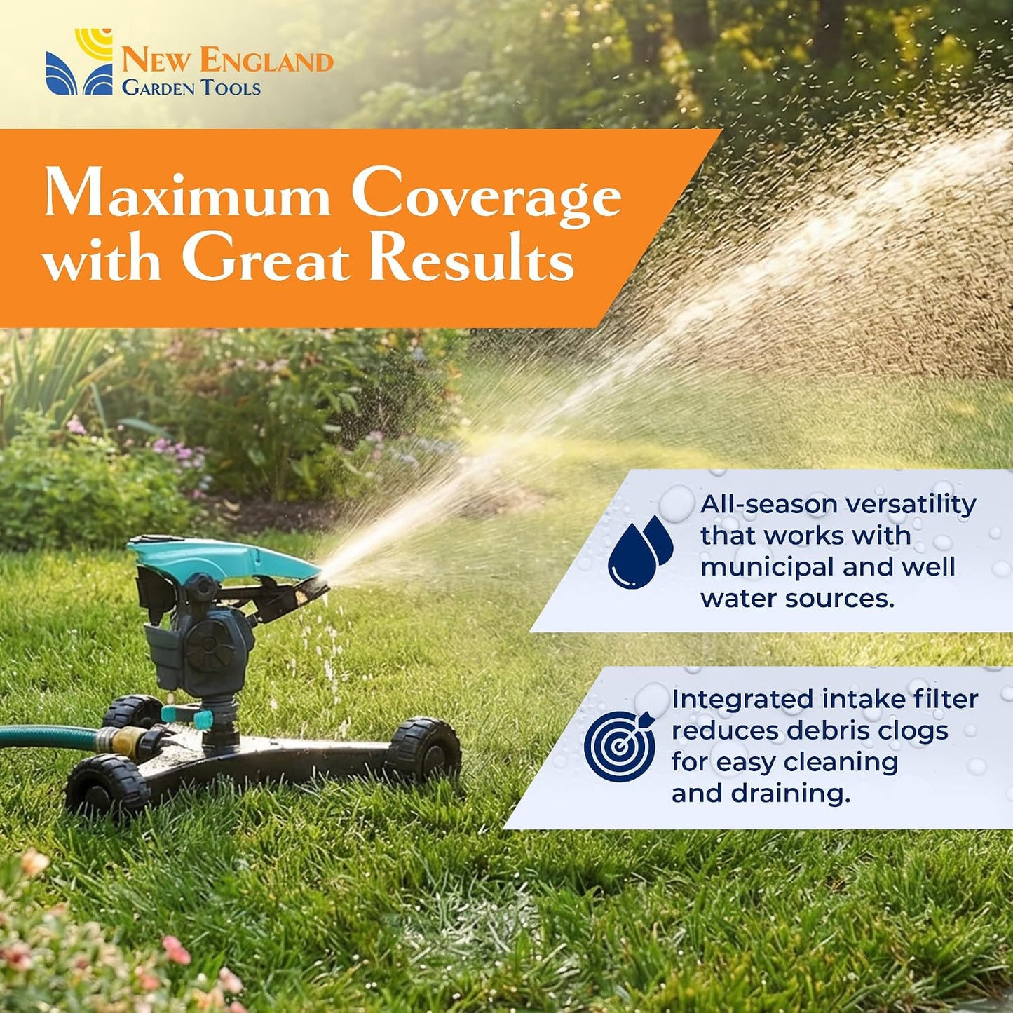 All-new Pulsating Lawn Sprinkler 300011, Impact Sprinkler w/ 70 ft Reach, 360° Range Gear & Pulsating Mechanism, 3,900 sq ft Lawn & Garden Watering, Metal Base w/Wheels