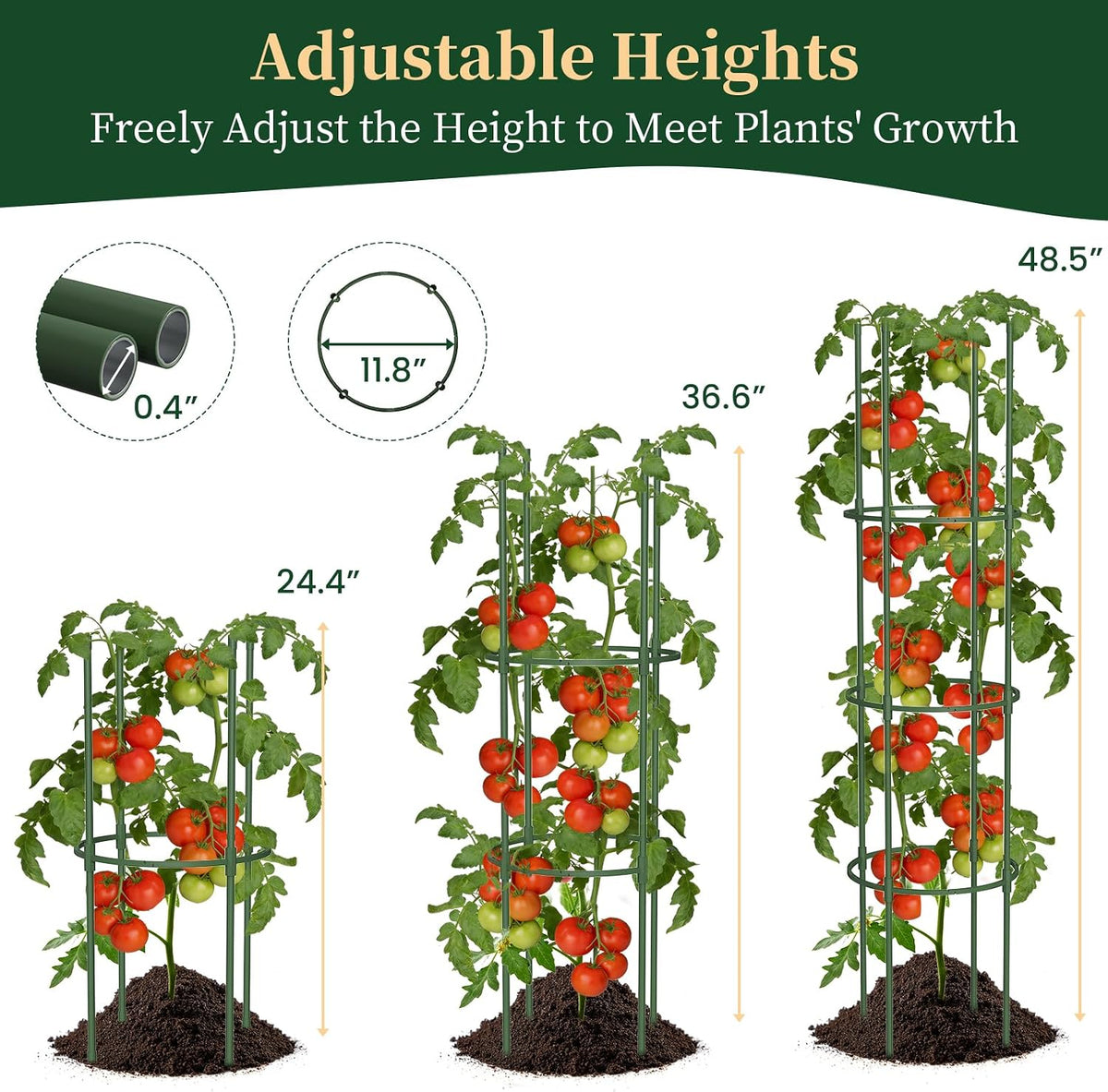6 Pack Tomato Cages for Garden, 49" Tall Adjustable Heavy Duty Rust Resistant Tomato Trellis, with Upgraded Coupler for Raised Beds & Pots, Plant Stakes and Supports for Climbing Vegetables, Flowers