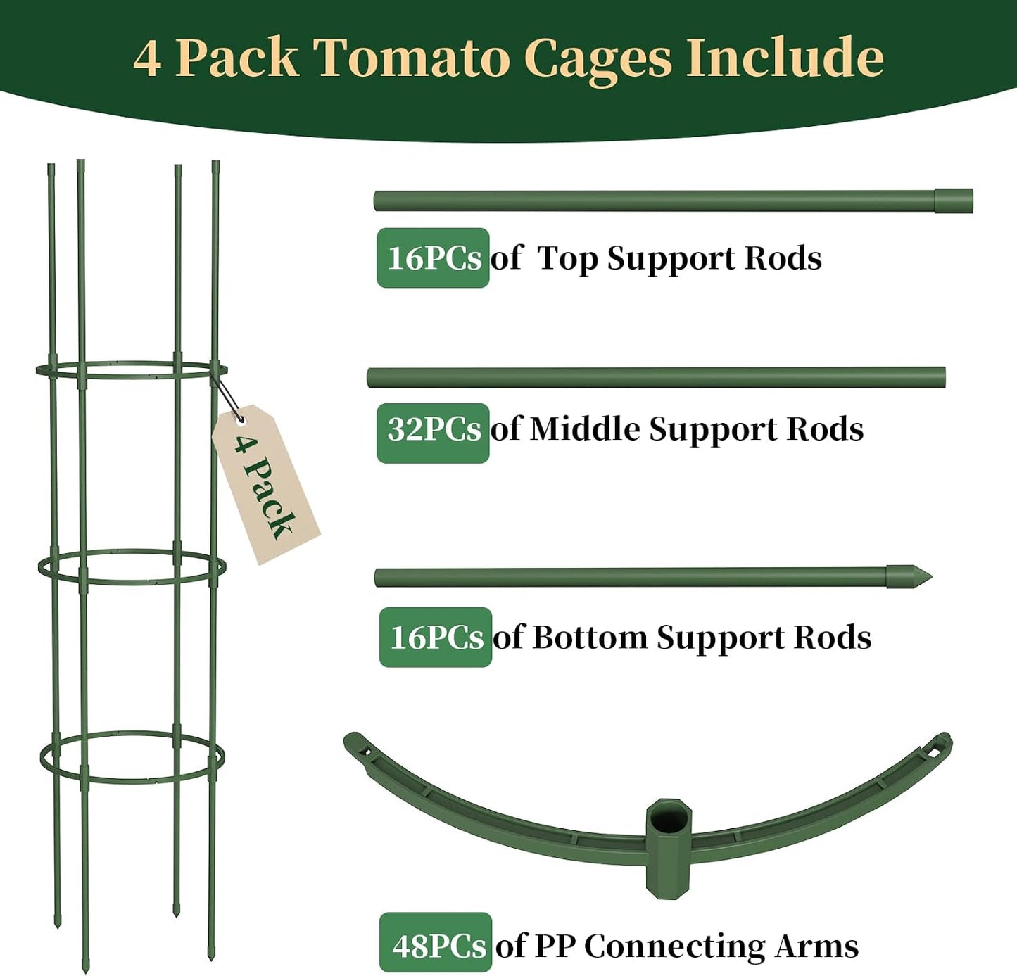 6 Pack Tomato Cages for Garden, 49" Tall Adjustable Heavy Duty Rust Resistant Tomato Trellis, with Upgraded Coupler for Raised Beds & Pots, Plant Stakes and Supports for Climbing Vegetables, Flowers