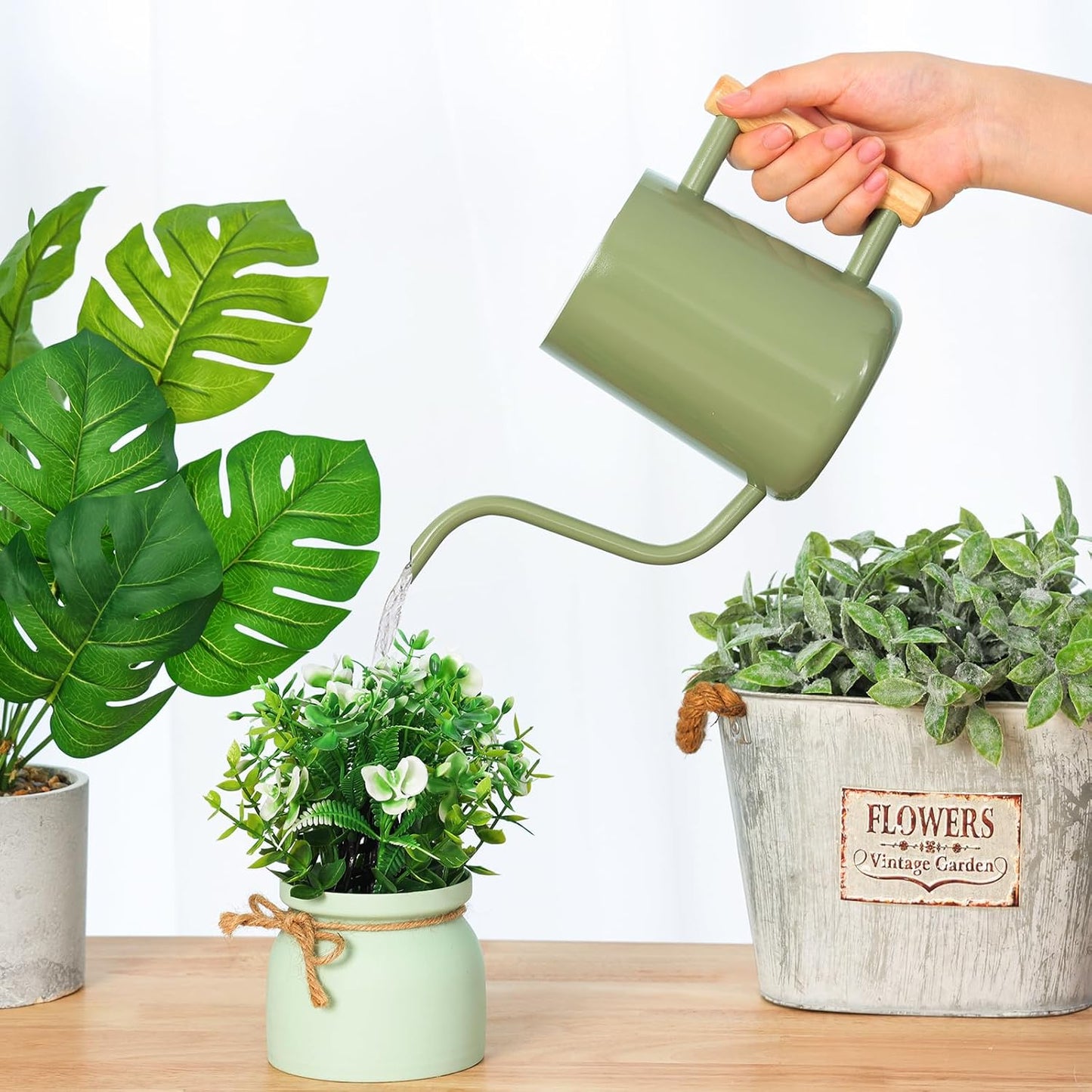 Metal Watering Can for Indoor Plants, 35oz Sage Green Cute Stainless Steel Pot with Long Spout for Indoor House Plants Bonsai Outdoor Garden Flower Decorative