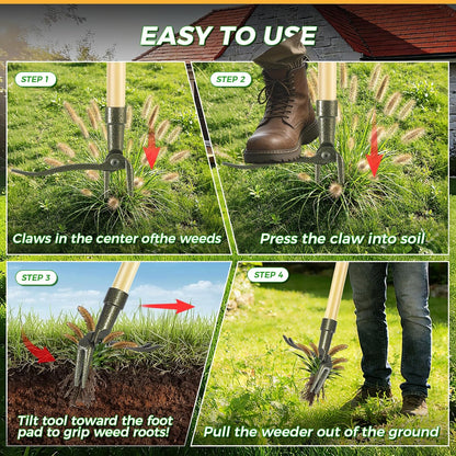 Stand Up Weed Puller Tool, 4-Claw Steel Head Deep Root Extractor with Dual-Eject Design, Real Bamboo Long Handle & Metal Anti-Slip Pedal, No Bending Dandelion Remover for Garden （Light Brown）