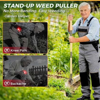 Stand Up Weed Puller Tool, 4-Claw Steel Head Deep Root Extractor with Dual-Eject Design, Real Bamboo Long Handle & Metal Anti-Slip Pedal, No Bending Dandelion Remover for Garden （Light Brown）