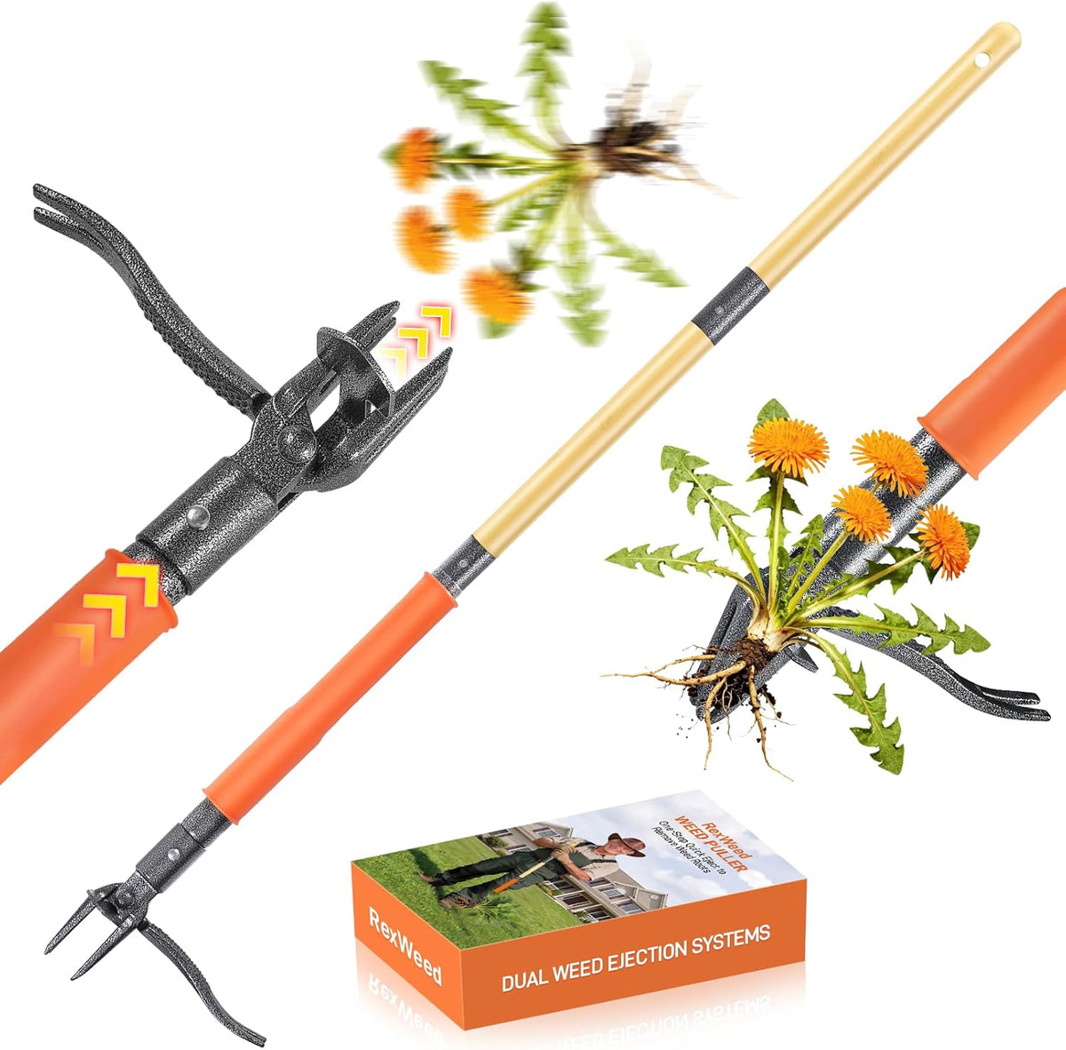 Stand Up Weed Puller Tool, 4-Claw Steel Head Deep Root Extractor with Dual-Eject Design, Real Bamboo Long Handle & Metal Anti-Slip Pedal, No Bending Dandelion Remover for Garden （Light Brown）