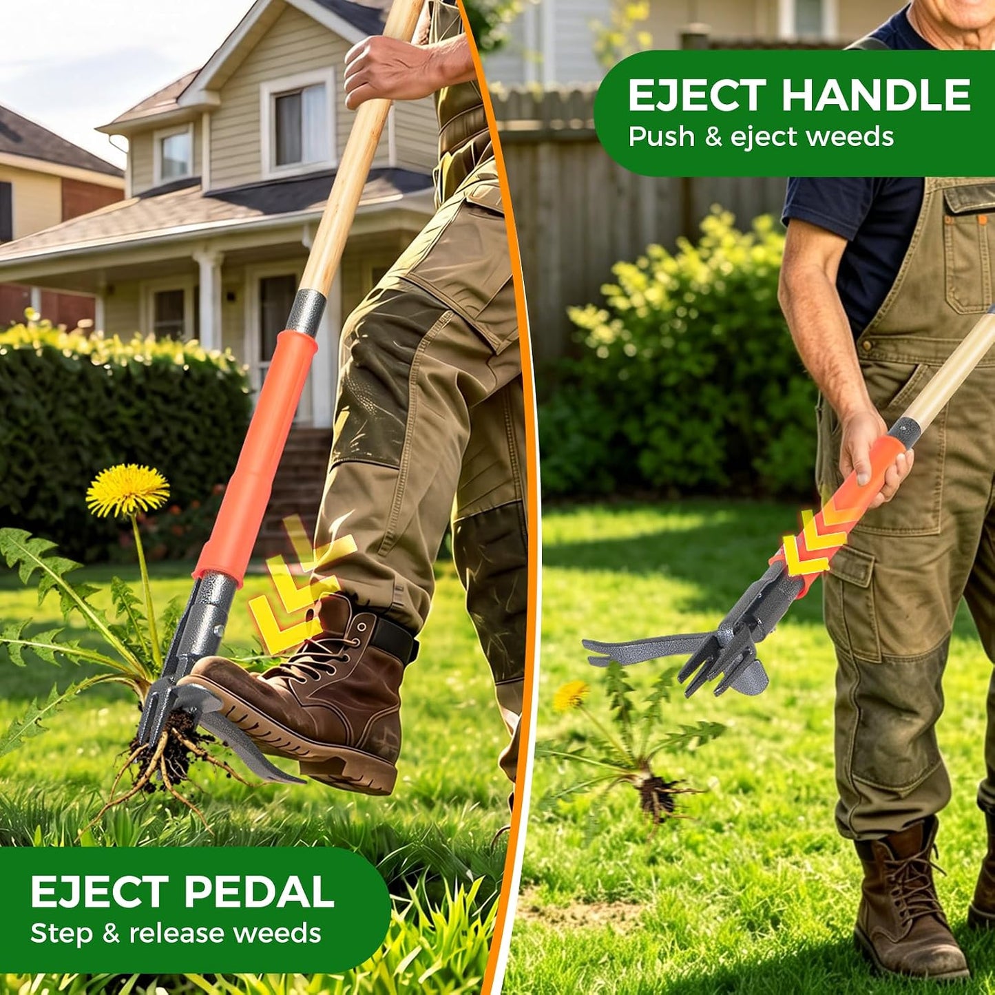Stand Up Weed Puller Tool, 4-Claw Steel Head Deep Root Extractor with Dual-Eject Design, Real Bamboo Long Handle & Metal Anti-Slip Pedal, No Bending Dandelion Remover for Garden （Light Brown）