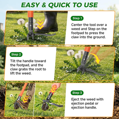 Stand Up Weed Puller Tool, 4-Claw Steel Head Deep Root Extractor with Dual-Eject Design, Real Bamboo Long Handle & Metal Anti-Slip Pedal, No Bending Dandelion Remover for Garden （Light Brown）