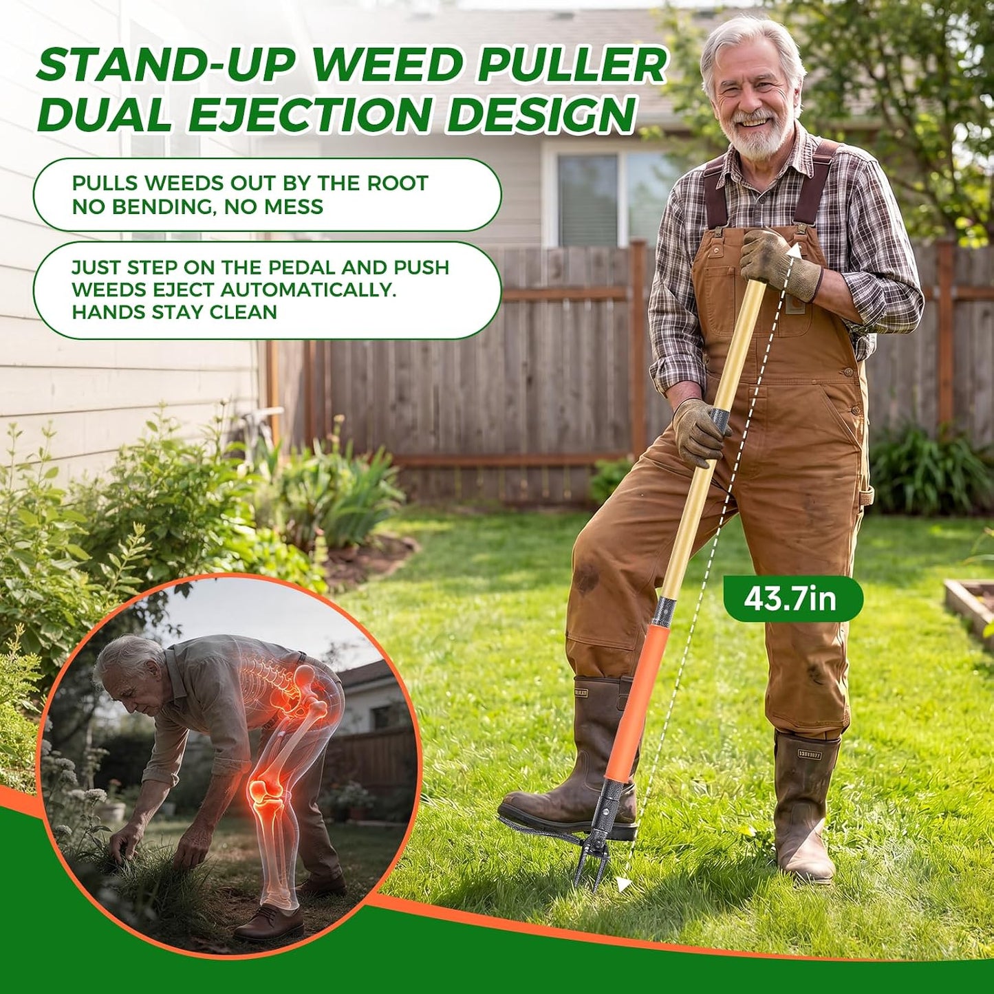 Stand Up Weed Puller Tool, 4-Claw Steel Head Deep Root Extractor with Dual-Eject Design, Real Bamboo Long Handle & Metal Anti-Slip Pedal, No Bending Dandelion Remover for Garden （Light Brown）