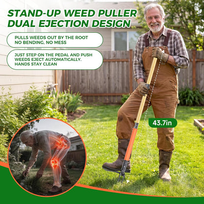 Stand Up Weed Puller Tool, 4-Claw Steel Head Deep Root Extractor with Dual-Eject Design, Real Bamboo Long Handle & Metal Anti-Slip Pedal, No Bending Dandelion Remover for Garden （Light Brown）