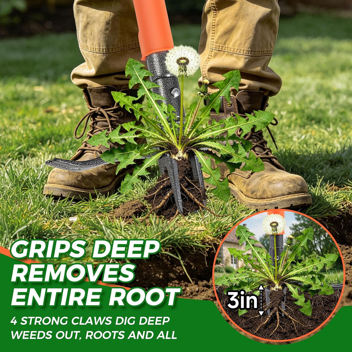 Stand Up Weed Puller Tool, 4-Claw Steel Head Deep Root Extractor with Dual-Eject Design, Real Bamboo Long Handle & Metal Anti-Slip Pedal, No Bending Dandelion Remover for Garden （Light Brown）