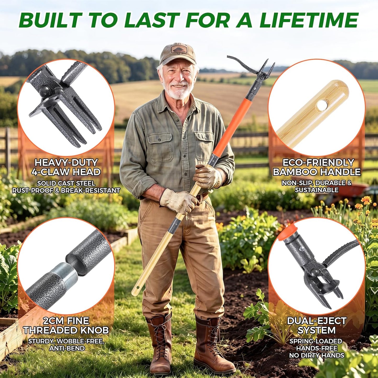 Stand Up Weed Puller Tool, 4-Claw Steel Head Deep Root Extractor with Dual-Eject Design, Real Bamboo Long Handle & Metal Anti-Slip Pedal, No Bending Dandelion Remover for Garden （Light Brown）