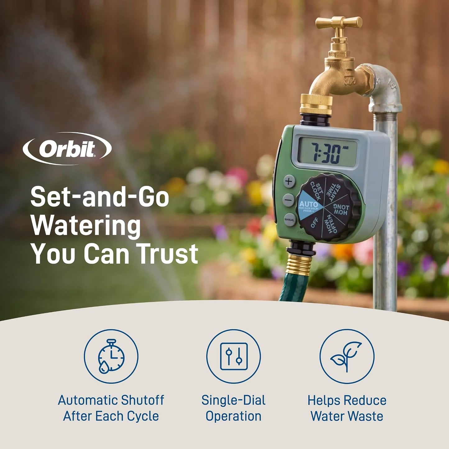 One Outlet Single-Dial Hose Faucet Timer - Easy Programmable - For Garden Watering System - LCD Hose Timer with Adjustable Watering Schedule - 62056