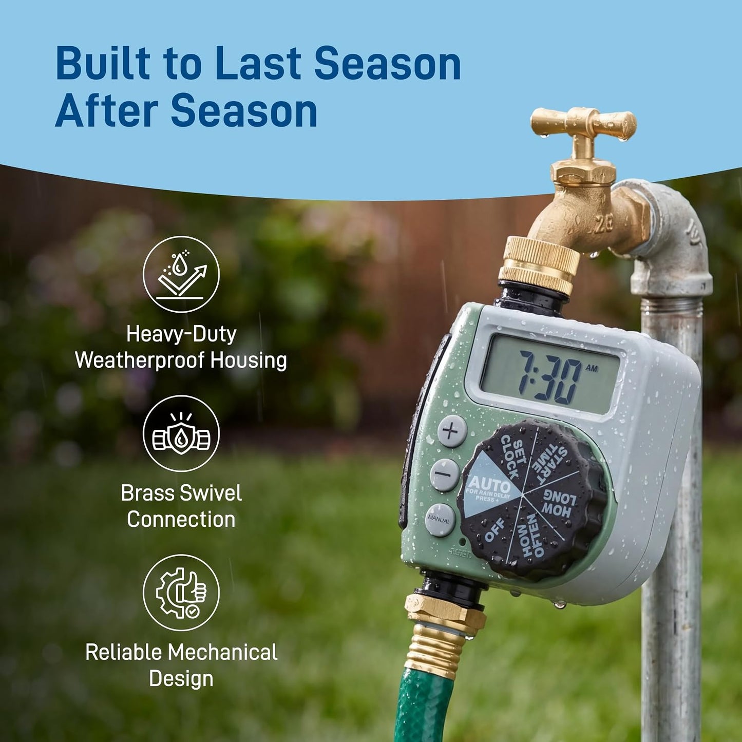 One Outlet Single-Dial Hose Faucet Timer - Easy Programmable - For Garden Watering System - LCD Hose Timer with Adjustable Watering Schedule - 62056