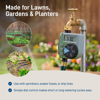 One Outlet Single-Dial Hose Faucet Timer - Easy Programmable - For Garden Watering System - LCD Hose Timer with Adjustable Watering Schedule - 62056