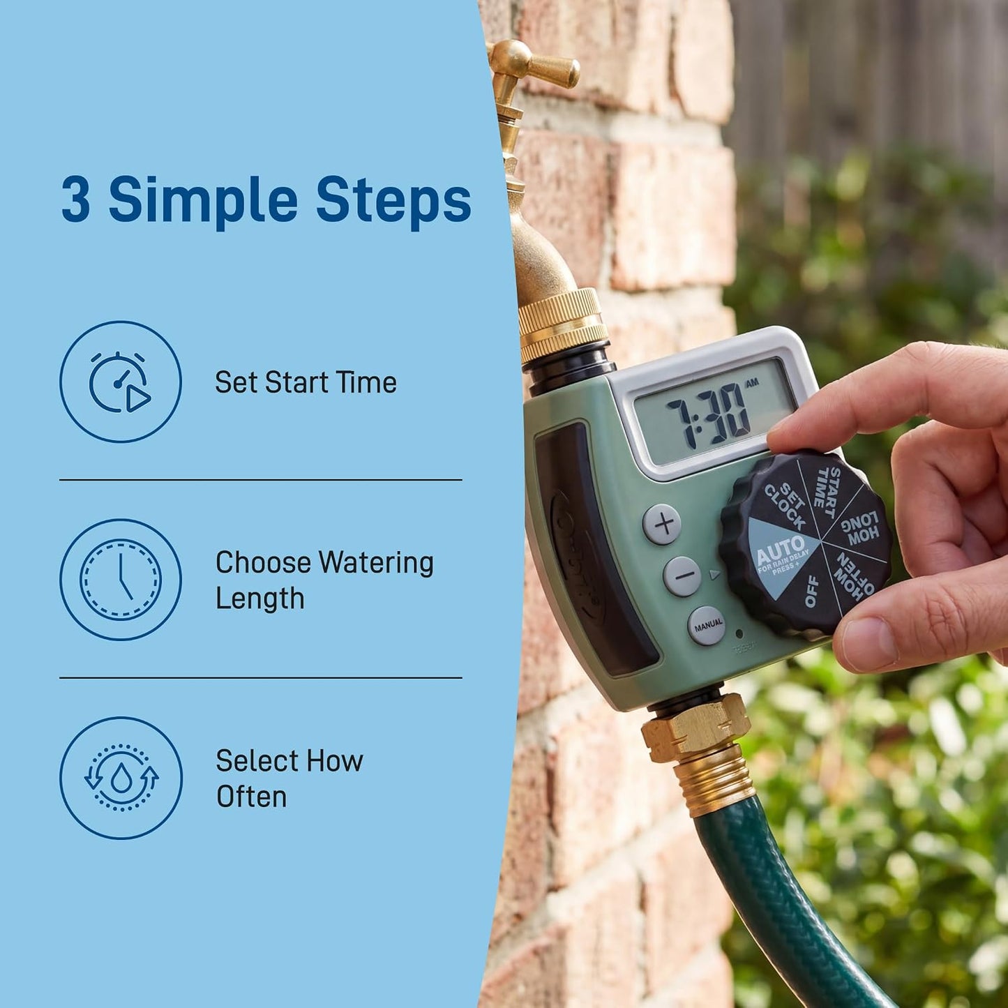 One Outlet Single-Dial Hose Faucet Timer - Easy Programmable - For Garden Watering System - LCD Hose Timer with Adjustable Watering Schedule - 62056