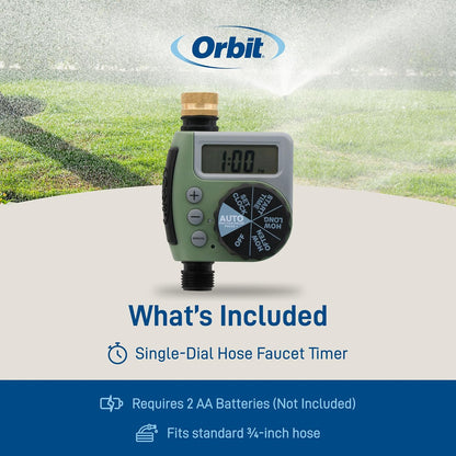 One Outlet Single-Dial Hose Faucet Timer - Easy Programmable - For Garden Watering System - LCD Hose Timer with Adjustable Watering Schedule - 62056