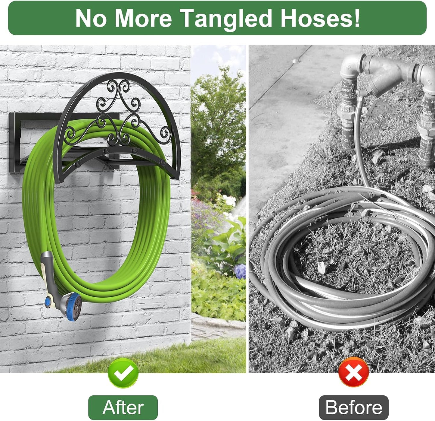 Garden Hose Holder, Heavy Duty Water Hose Holder Wall Mount Holds 125-ft Water Pipe, Decorative Detachable Metal Hose Hanger Storage Organizer Reel Rack for Outside Lawn Yard Farm, Black