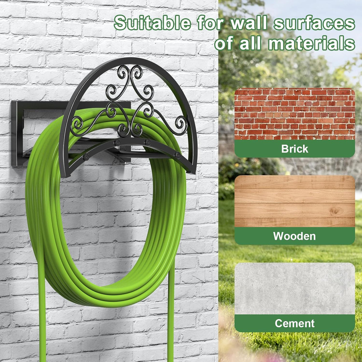 Garden Hose Holder, Heavy Duty Water Hose Holder Wall Mount Holds 125-ft Water Pipe, Decorative Detachable Metal Hose Hanger Storage Organizer Reel Rack for Outside Lawn Yard Farm, Black