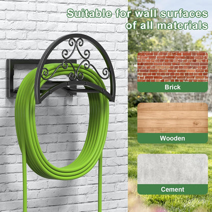 Garden Hose Holder, Heavy Duty Water Hose Holder Wall Mount Holds 125-ft Water Pipe, Decorative Detachable Metal Hose Hanger Storage Organizer Reel Rack for Outside Lawn Yard Farm, Black