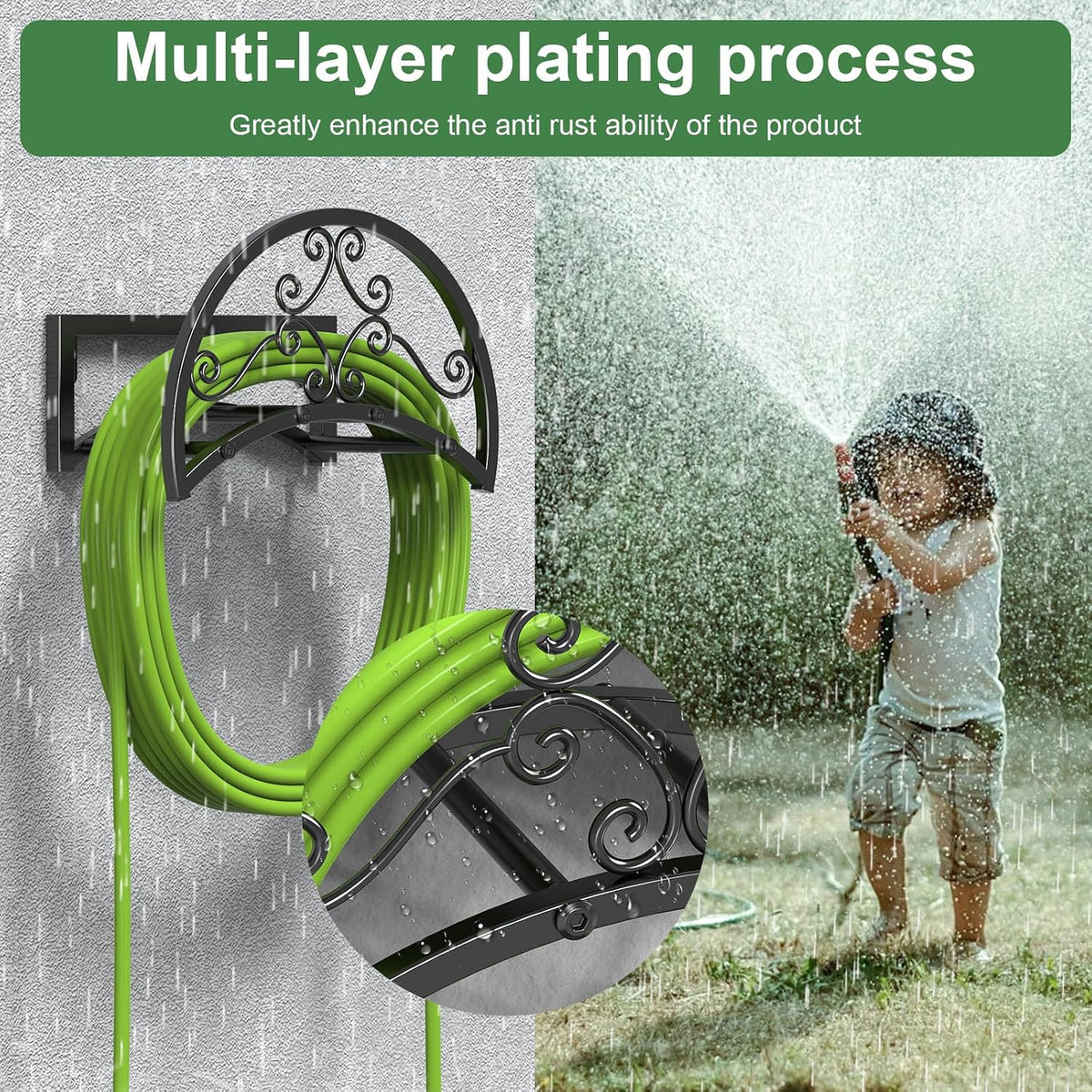 Garden Hose Holder, Heavy Duty Water Hose Holder Wall Mount Holds 125-ft Water Pipe, Decorative Detachable Metal Hose Hanger Storage Organizer Reel Rack for Outside Lawn Yard Farm, Black