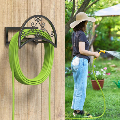 Garden Hose Holder, Heavy Duty Water Hose Holder Wall Mount Holds 125-ft Water Pipe, Decorative Detachable Metal Hose Hanger Storage Organizer Reel Rack for Outside Lawn Yard Farm, Black