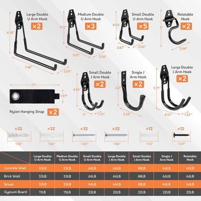 Garage Hooks, 20 Pack Wall Storage Hooks for Bike, Ladder and Tools