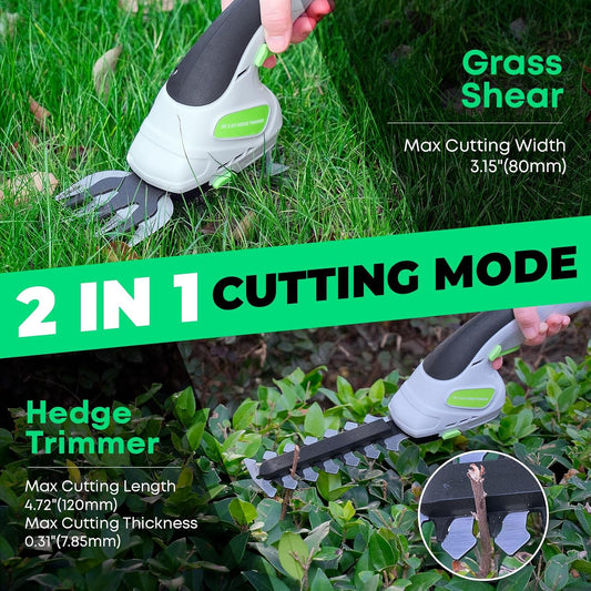 2-in-1 Cordless Hedge Trimmer, Handheld Hedge Trimmer & Cordless Grass Shear with 2.0Ah Rechargeable Battery and Type-C Cable – Electric Grass Trimmer for Garden, Yard, and Lawn(Black)