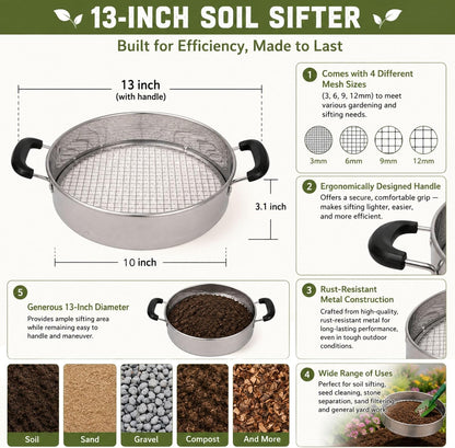 Multi-Purpose Soil Sifter with Handle | Includes 4 Changeable Screens | Ideal for Soil, Rock, Compost, and Debris Sifting